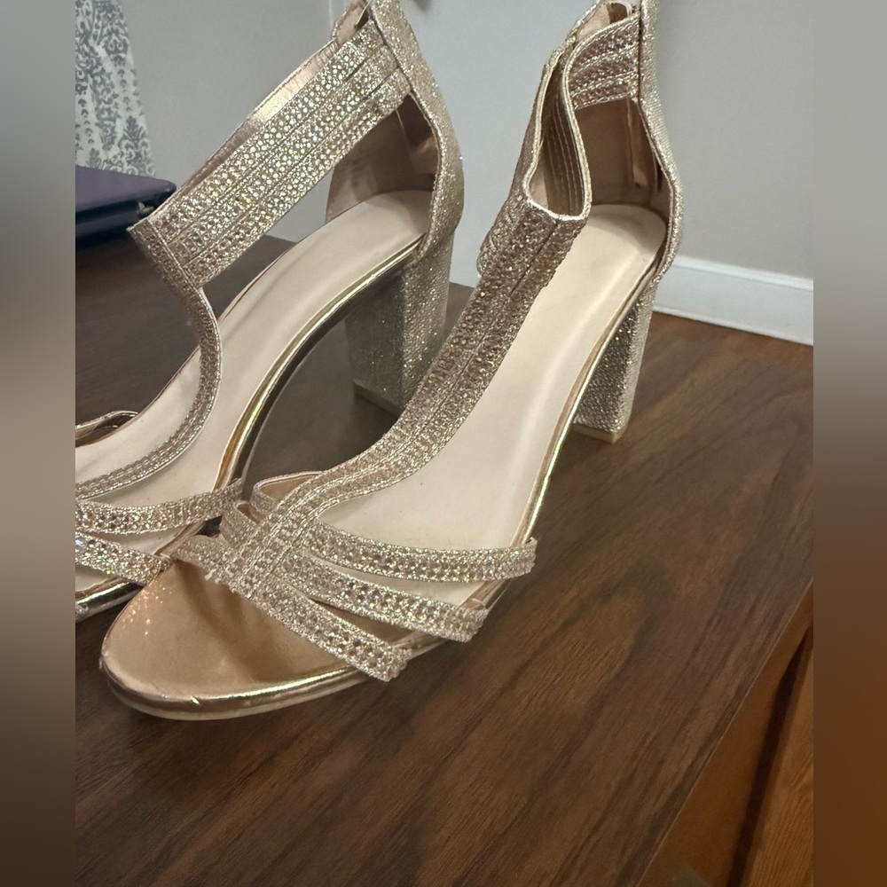 David's Bridal Glittering Gold Heels